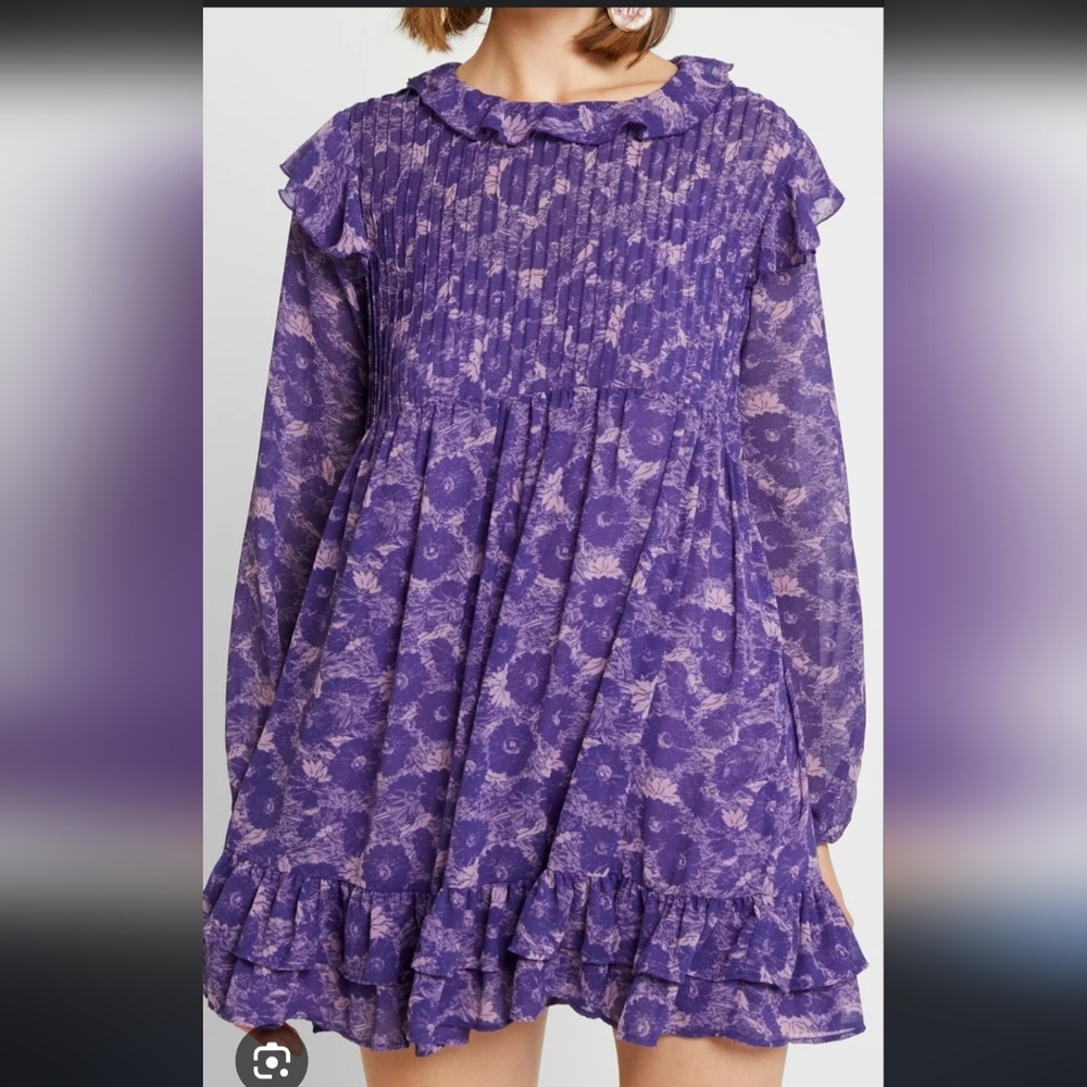 Free People These Dreams Mini BabyDoll Dress Small Tunic Purple Bohemian Ruffle